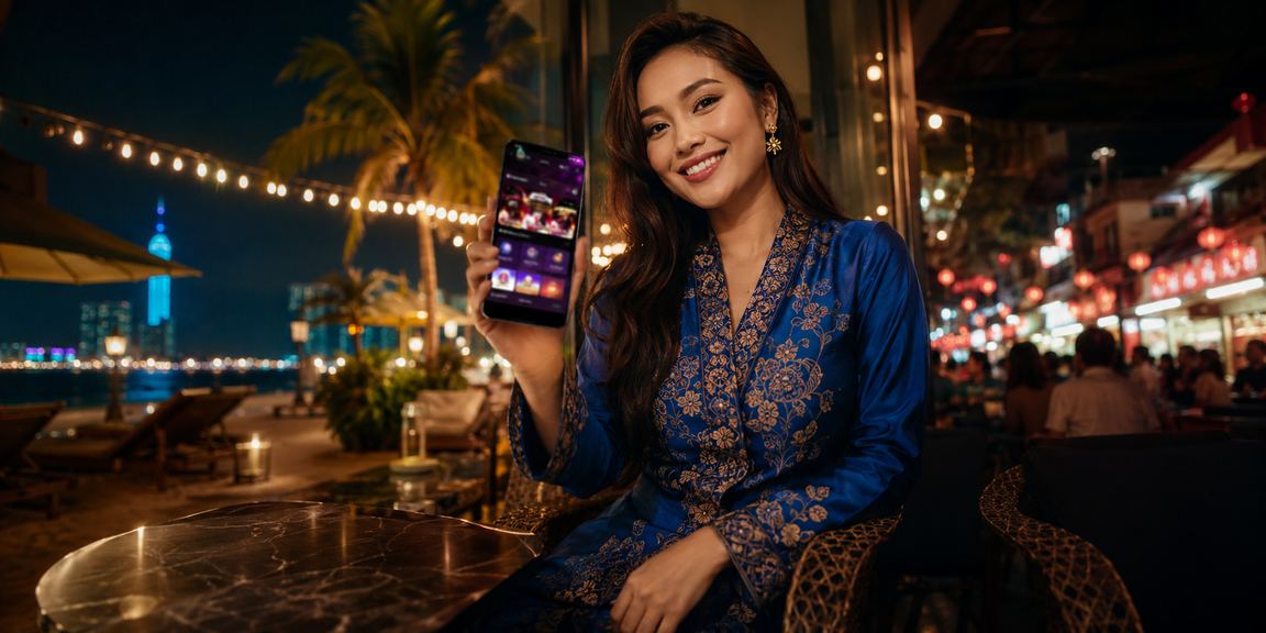 Permain wanita berbaju kurung bermain jackpot di telefon pintar di Kuala Lumpur